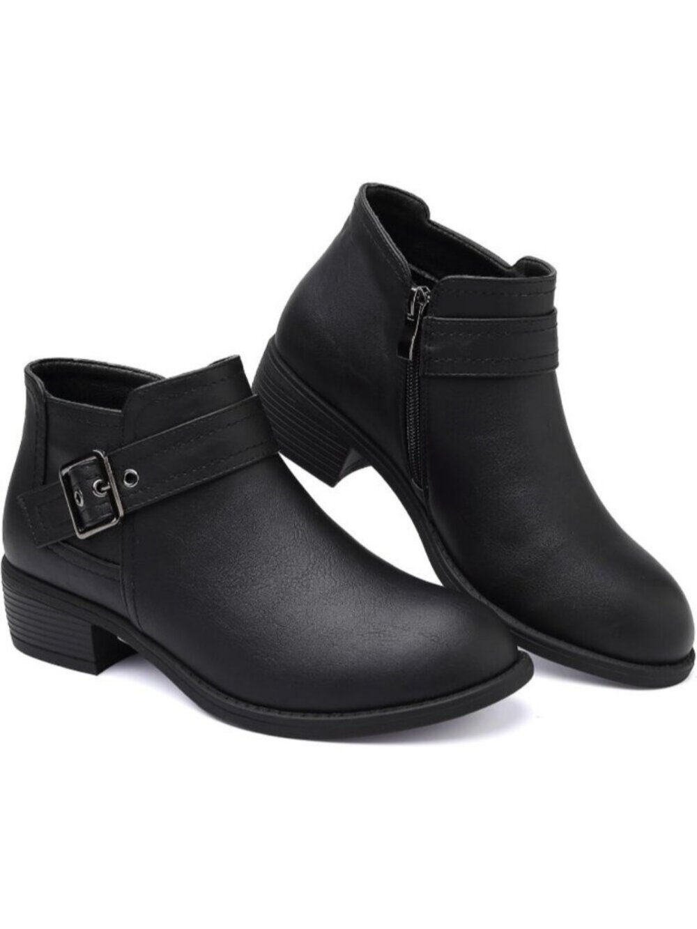 Women's Black Ankle Boots Low Heel Booties Buckle Round Toe Fall Boots Side Zip